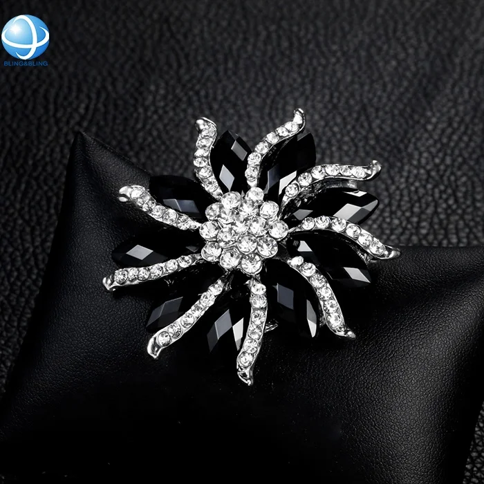 Custom Black Rhinestone flower Zircon brooches pins for women fashion festival