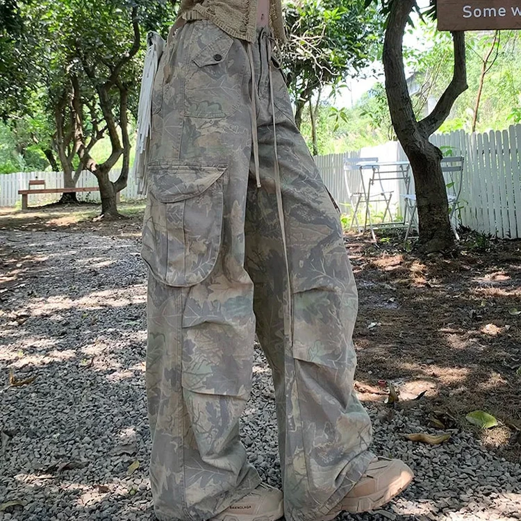 Custom OEM Manufacturer Vintage Pockets High Waist Streetwear baggy Casual ladies Long parachute Cargo Pant for women Trousers