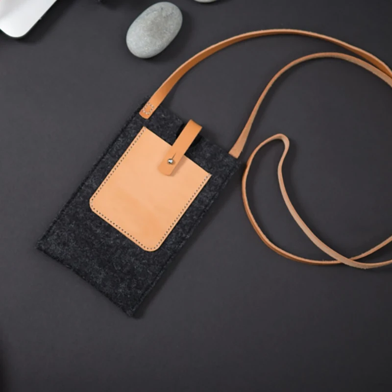 Leather And Felt Mobile Phone Case Simple Crossbody Phone Bag Hands Free Phone Pouch Portable Small Bag With Shoulder Strap