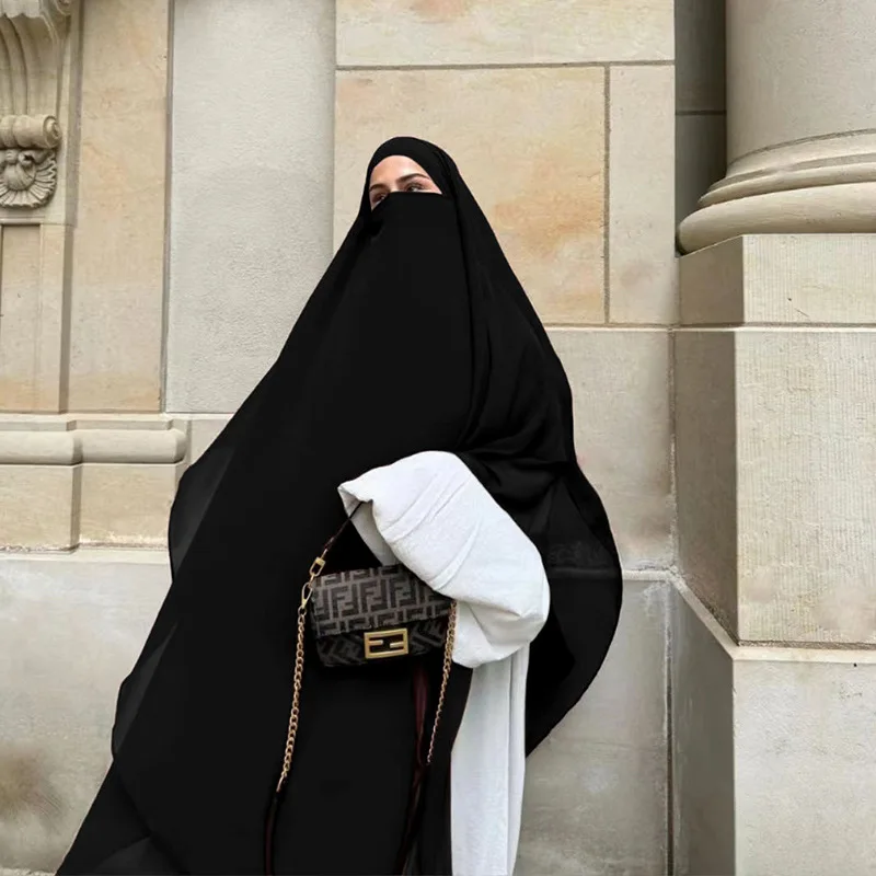 Pure black color 2 layers chiffon fabric plus length style malaysia muslim khimar hijab for Eid