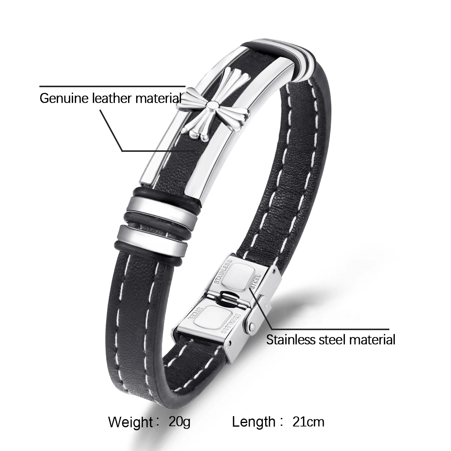 MLB028 Leather Cross Bracelet for Men Christian Religious Confirmation Gifts with Stainless Steel Clasp Black Color Bangle
