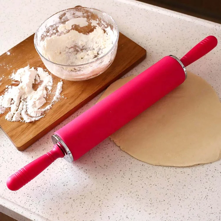 Household Kitchen Durable Silicone Rubber Dough Rolling Pin With Handle