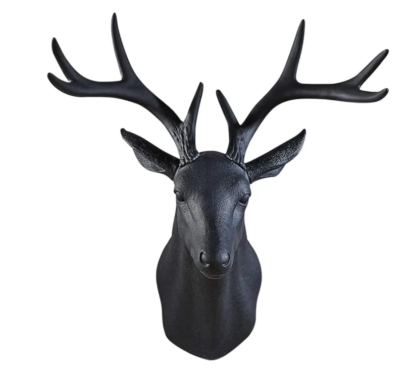 Resin black deer head antler statue on wall. Home art wall hanging decoration