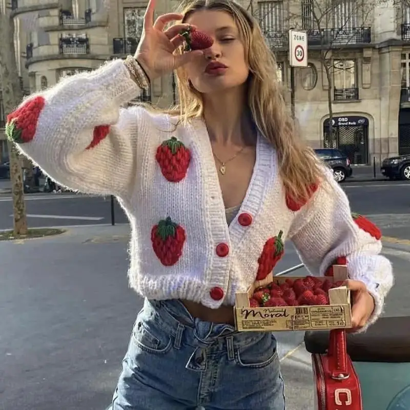 FYB Custom Handmade Strawberry Sweater Cardigan Cropped Sweater Puff Sleeve Crochet Cardigan Women