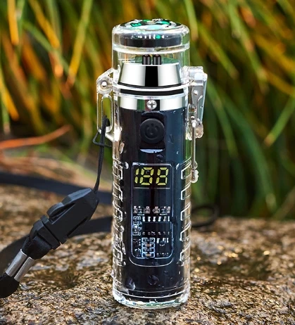 Compass Transparent Waterproof Charging Dual Arc Lighter Digital Power Display Outdoor Adventure Lighting
