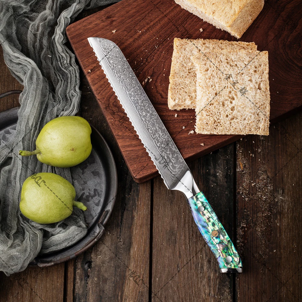 8 inch Bread Knife Damascus Kitchen Knife 67 Layers Damascus Steel with Abalone Shell Handle