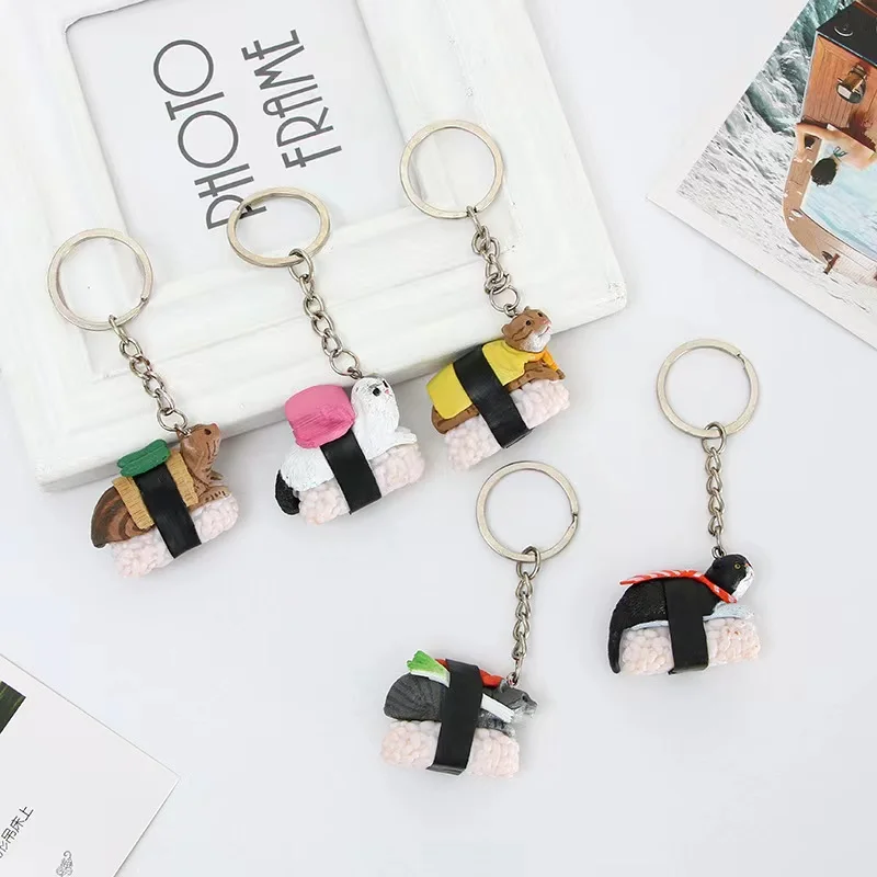 Wholesale 5cm Sushi Cat pvc figure keychain 5pcs cute animal figure Nekozushi Sushi Cat pendant Key Chain set