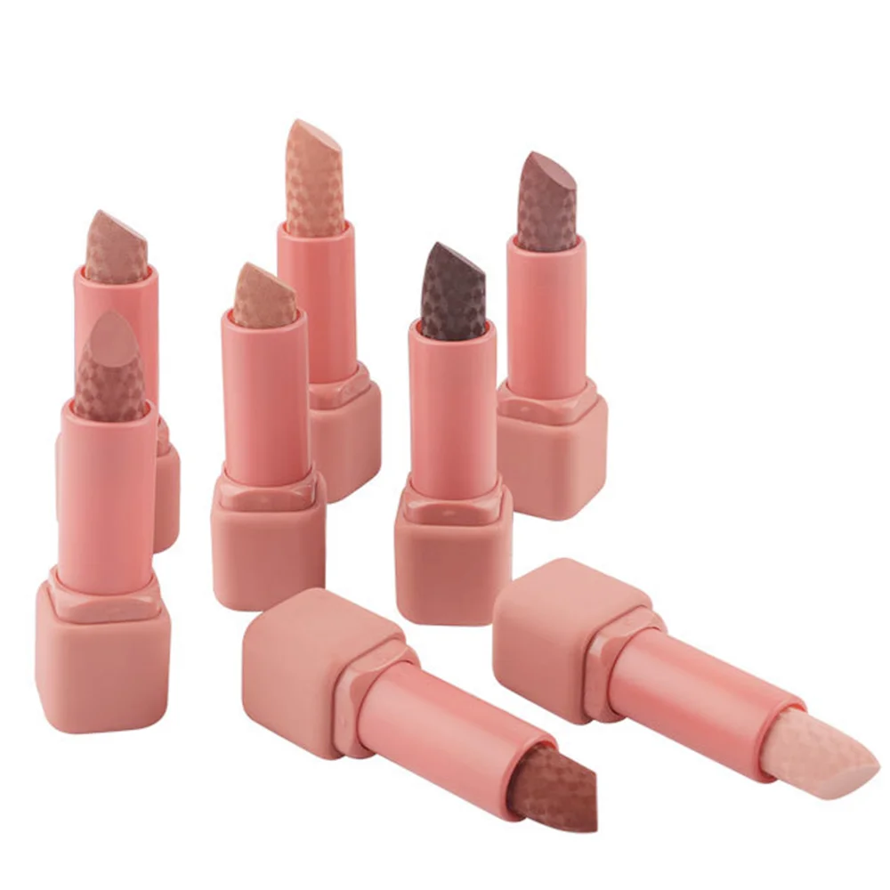 popular hot sale 8 colors rubber tube high pigment carved cute pink waterproof long lasting Korea makeup nude lipstick