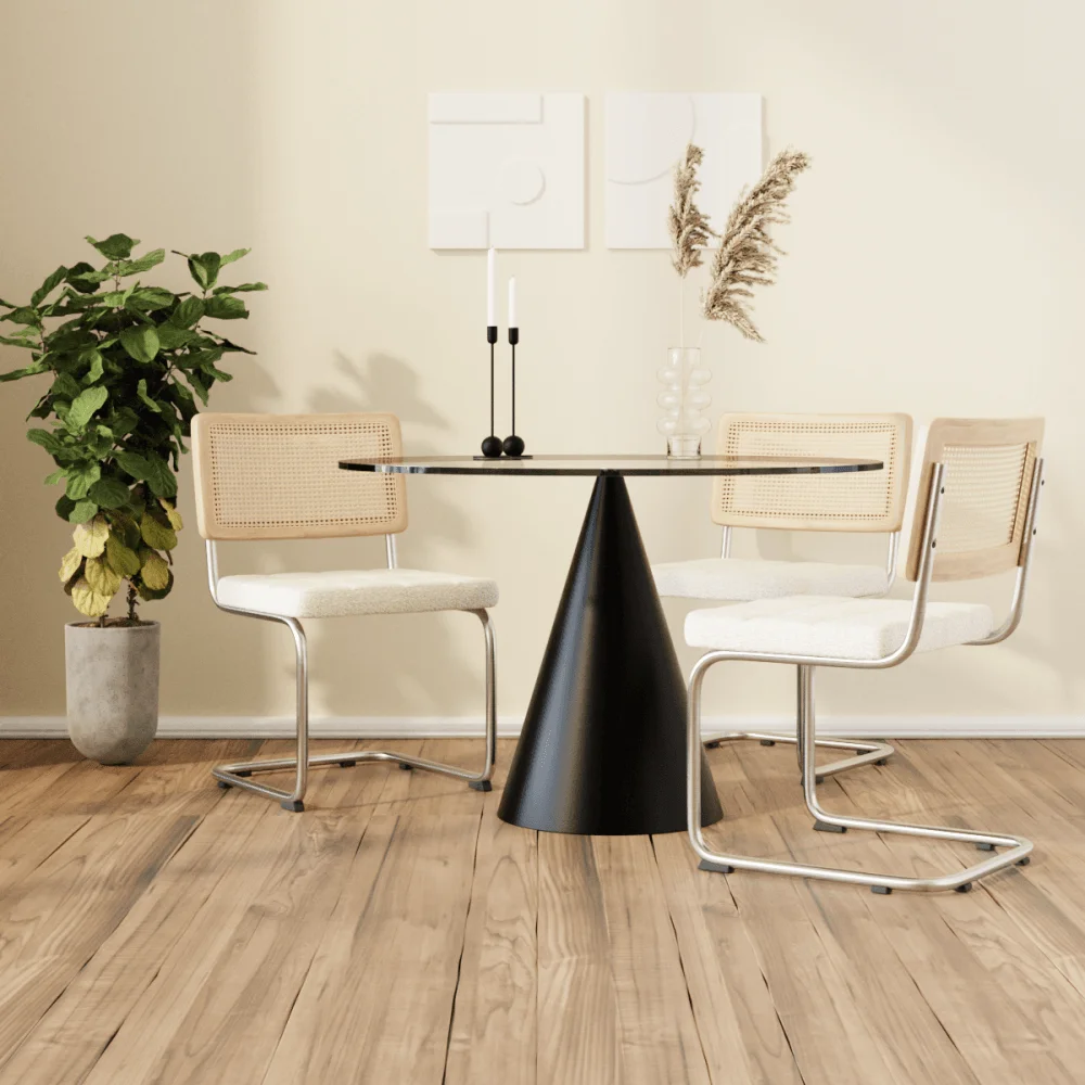 Mid Century Modern Dining Set Retro Timeless Marcel Breuer Designed  With Gold Cantilever Legs Natural Cesca Chairs