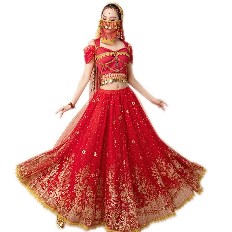 Ladies Halloween Dress Up luxurious Shiny Golden Pattern Indian Cosplay Aladdin Jasmine Princess Belly Dance Bollywood costumes