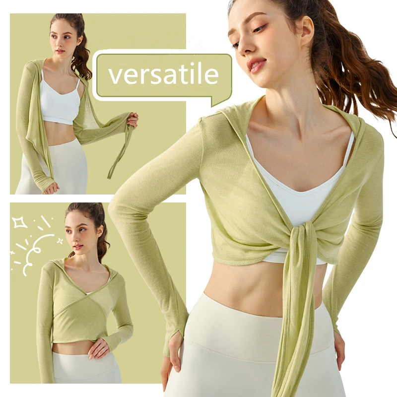 New Style Slim Fit Yoga Clothes Long Sleeves Shirt Women Loose Slim Hooded Shawl Lightweight Breathable