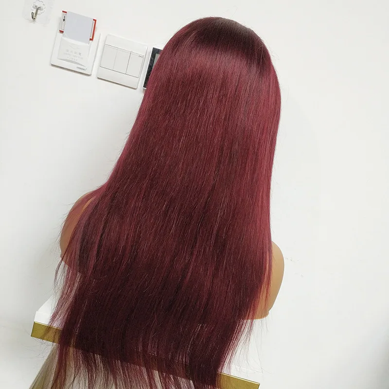 Burgundy Red Wine 13x4 Straight Brazilian Virgin 100% Human Hair Transparent Swiss HD Lace Front Wig for Black Women