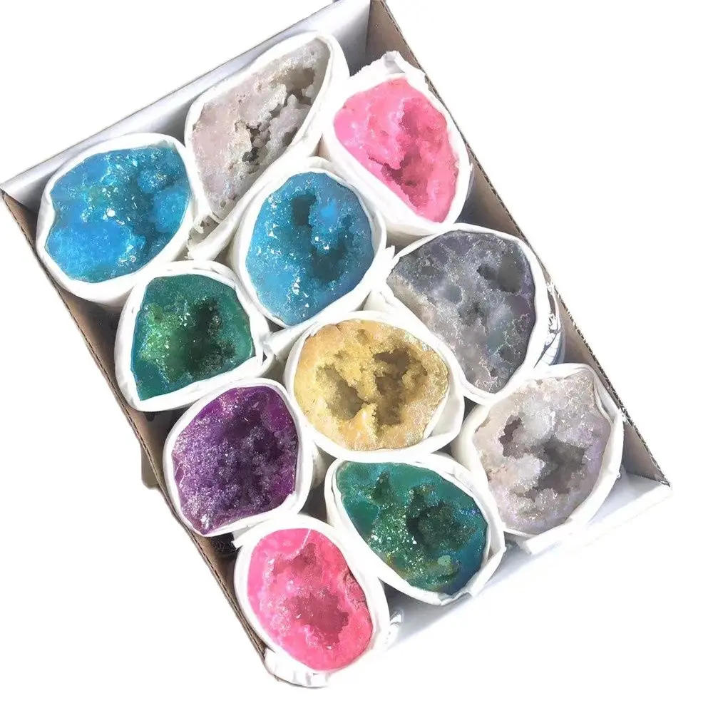 wholesale spiritual healing crystals agate gemstone crystal set box natural angel aura agate Geode quartz for sale