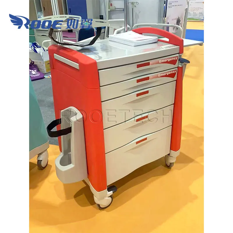 Multifunction Red ABS Medical Emergency Medicine Crash Cart with 5 Drawers and A Central Key Lock System