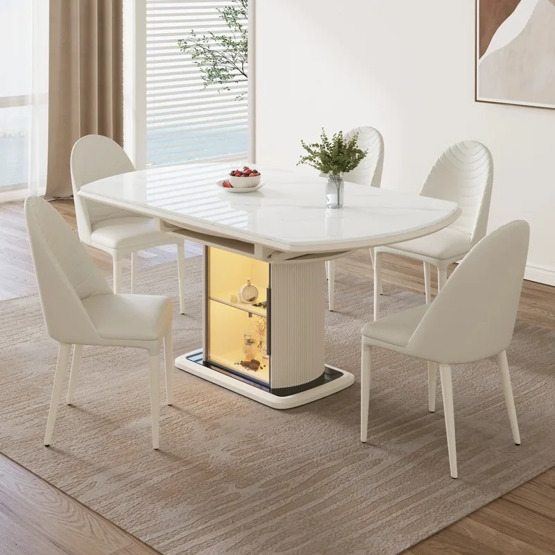 Creamy Style Sintered Stone Dinning Table Set For 6 Retractable Home Restaurant Hotel Folding Round Table With Storage Cabinet