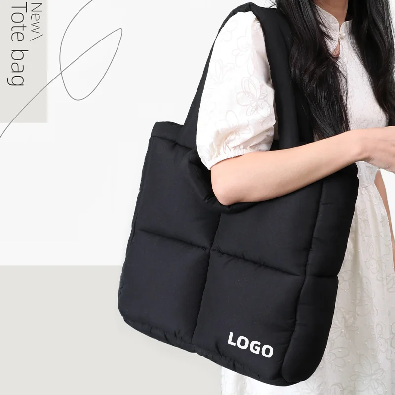 Lightweight Black Puffer Travel Quilted Tote Bag For Women Sotf Quilted Padding Handbag Bag