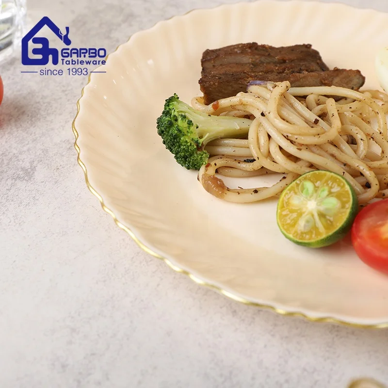 Full Decal Round Opal Glass Dinner Plate 10.5 inch Wide Rim Plates for Hotel Restaurant Cafe and Home OEM Opal Glass Dinnerware