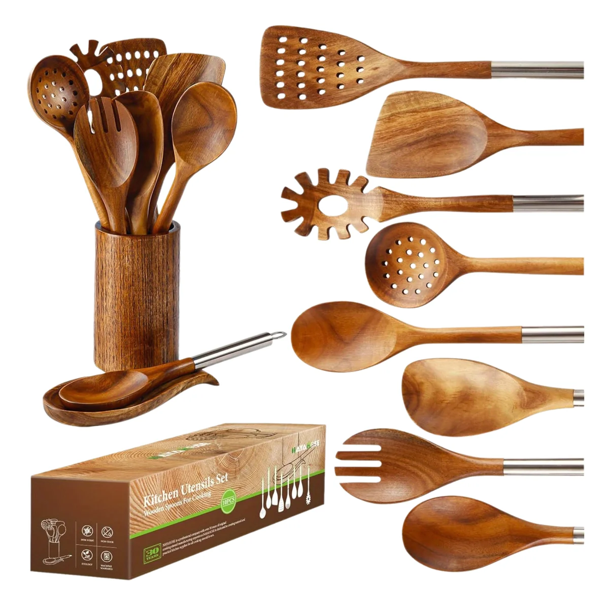 Wooden Spoon For Cooking, Spoon And Spatula Set With Stainless Steel Handles, Teak Cutlery Set With Stand And Spoon Rest