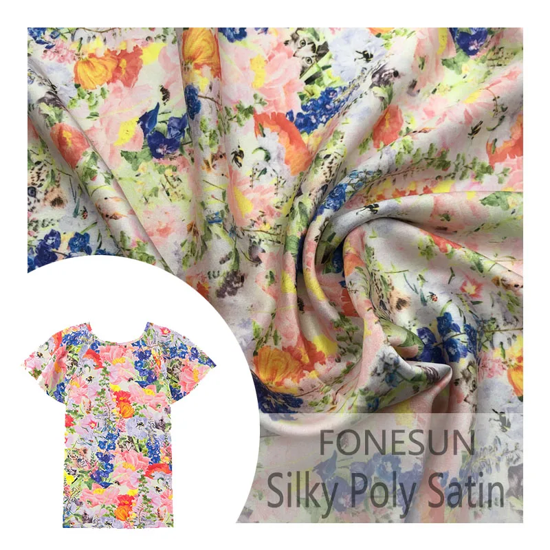 Floral Fabric New Design Floral Dress Silky Satin Stretch Poly Spandex Elastic floral printed fabric