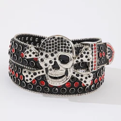 Luxury Western Cowboy Studded Rhinestone Red Rockstar Removable Skull Buckle Cheap PU Leather Bling Bling Rhinestone Belt Men