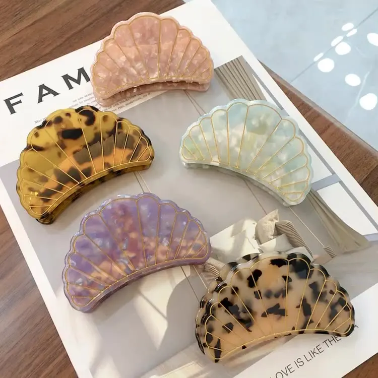 wholesale acrylic acetate tortoiseshall seashell hair claw clips 8cm big Fan-shaped hair claws clip