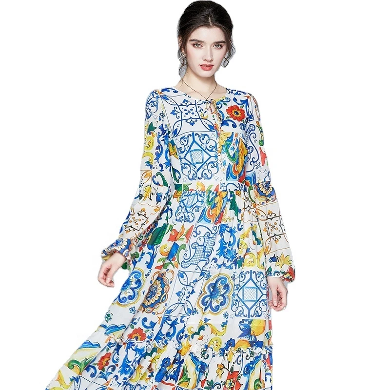 
Free Shipping Asia Printed Floral Vacation Long Dress 