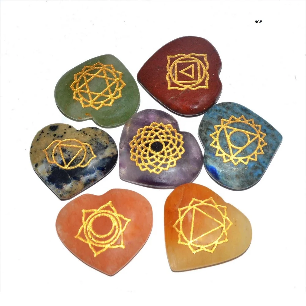 Seven chakra Body engraved heart shape Reiki sets Healing Crystals Spirituality Energy stones : Chakra Engraved Reiki set