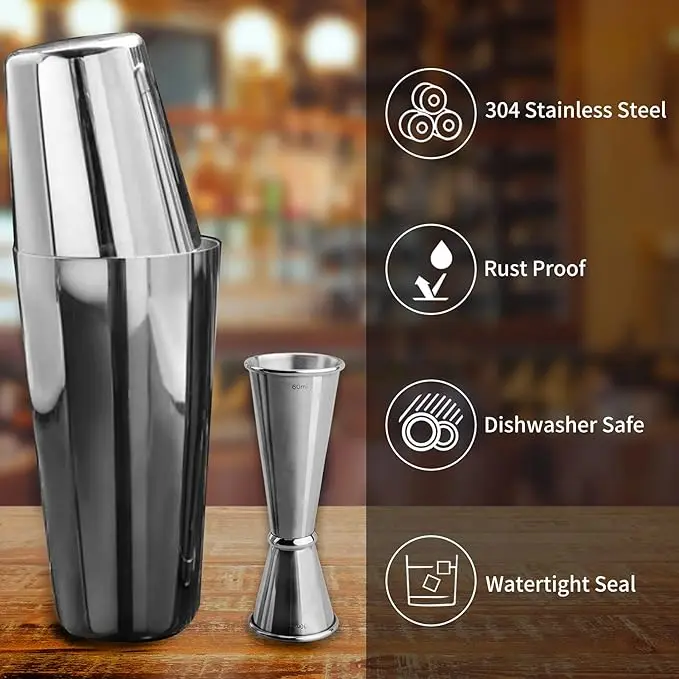Boston Shaker Set for Drink Mixing, Premium 18/8 Stainless Steel Martini Shaker for Bartending and Home Bar
