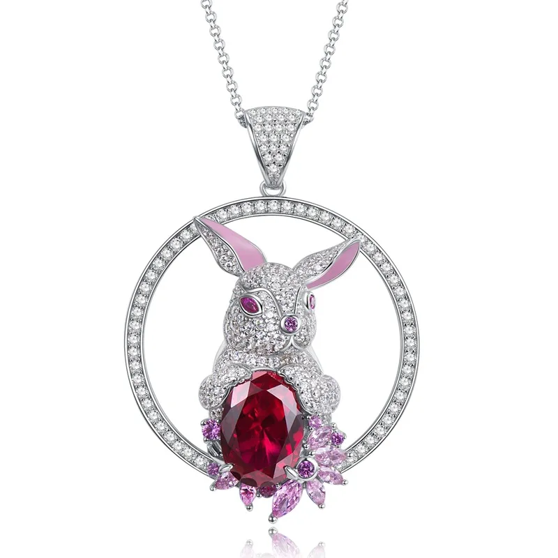 Seasonal New Original Rabbit Pendant, 10*14mm Simulated Pigeon Blood Ruby High Carbon Drill Full Diamond Necklace Female