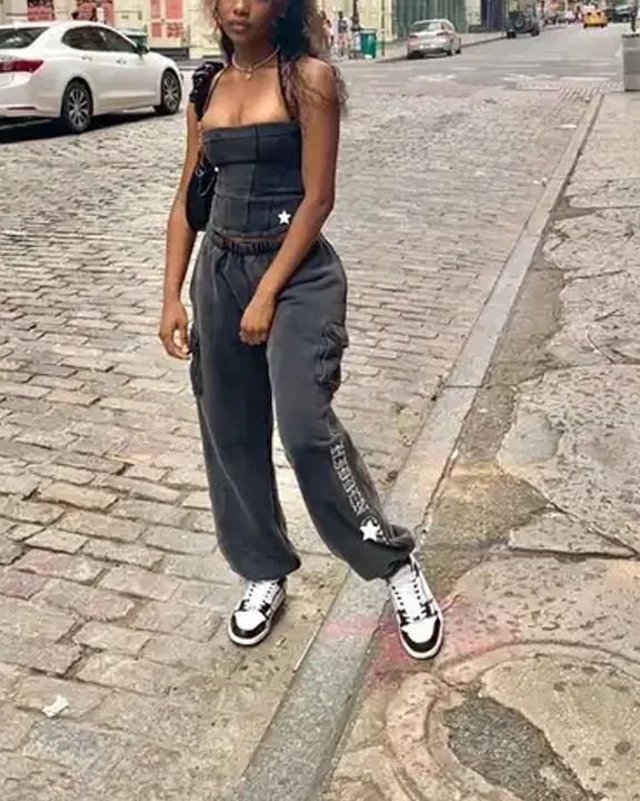 Wholesale Street Wear Women Acid Wash 3d Pocket Cargo Pants Halter Corset Zip Up Cropped Hoodie 3 Piece Set Women