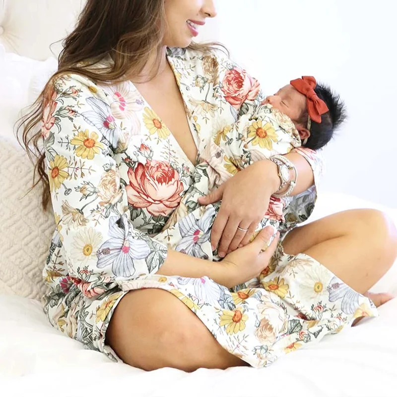 Organic bamboo nursing maternity gown and baby matching pajama maternity robe and matching baby swaddle blanket mommy and me