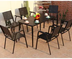 Juecheng restaurant  4 seater outdoor wood tables dining set plastic outdoor cafe table and chairs