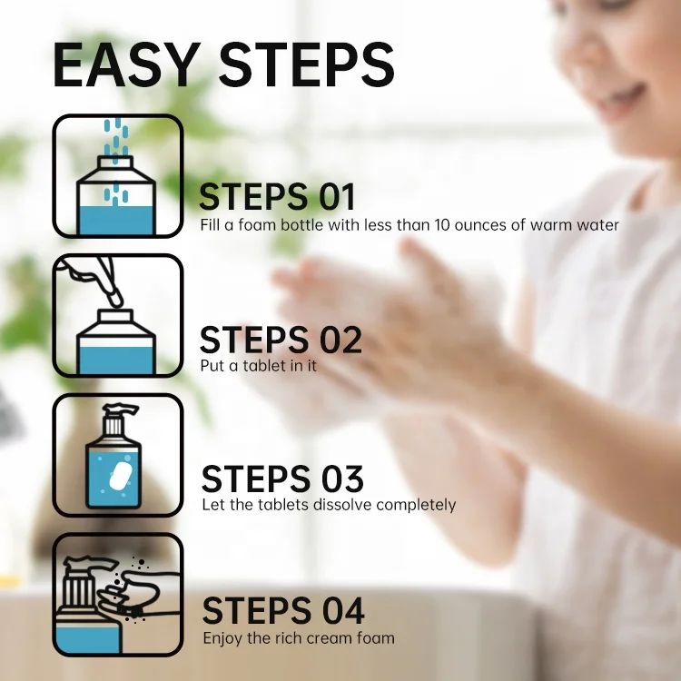 Gloway Cleaning Products Manufacturer 4G Or 7G Optional Gentle Formula Zero Waste Bulk Foaming Hand Wash Soap Refill Tablets