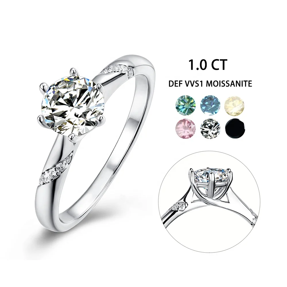 M08A Abiding Crushed Ice 1CT White Yellow Green Pink Black Blue Moissanite 925 Silver Ring With Mioissanite Diamond