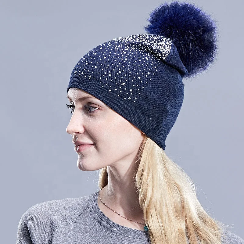 
Factory Wholesale Womens Knitted Soft Beanie Fox Fur Ball Hats Winter Hats With Pom poms 