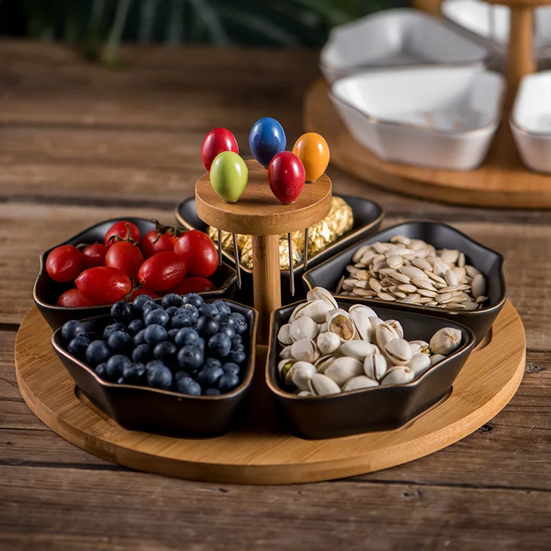 Ceramic marble fruit plate with bamboo and wood base pins snack plate for dried fruit and nuts