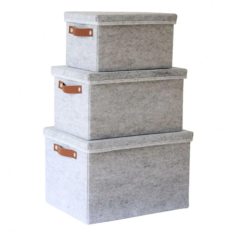 Didifish Factory Price Large Capacity Collapsible Organization Bins Box With Lid And Leather Handle Soft Felt Storage Boxes
