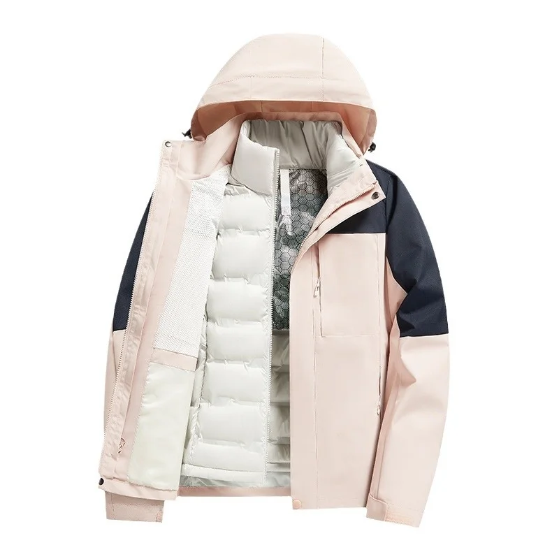 Unisex Detachable Heattech Three-in-One Winter Jacket Windproof Waterproof Mountain Hiking Clothing Stand Collar Zipper Men