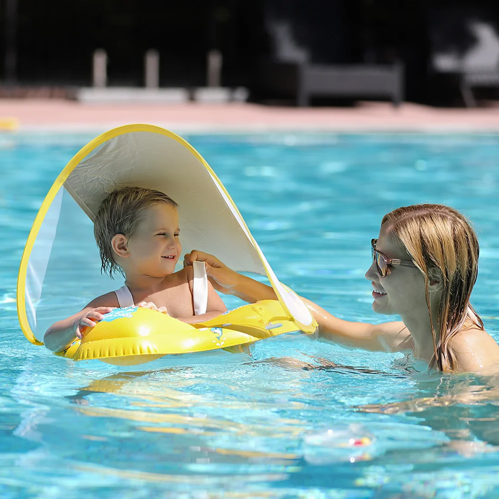 Kingpou new style hot sell years water park yellow ring ages 3 months to 6 baby swim floating ring with detachable canopy