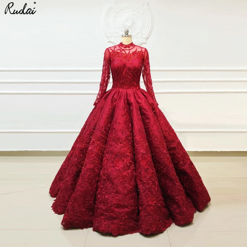 Ruolai OEV-L4013 Luxury Muslim Arabic Long Sleeves Beaded Crystal Engagement Dress Ball Gowns wedding dresses turkey istanbul