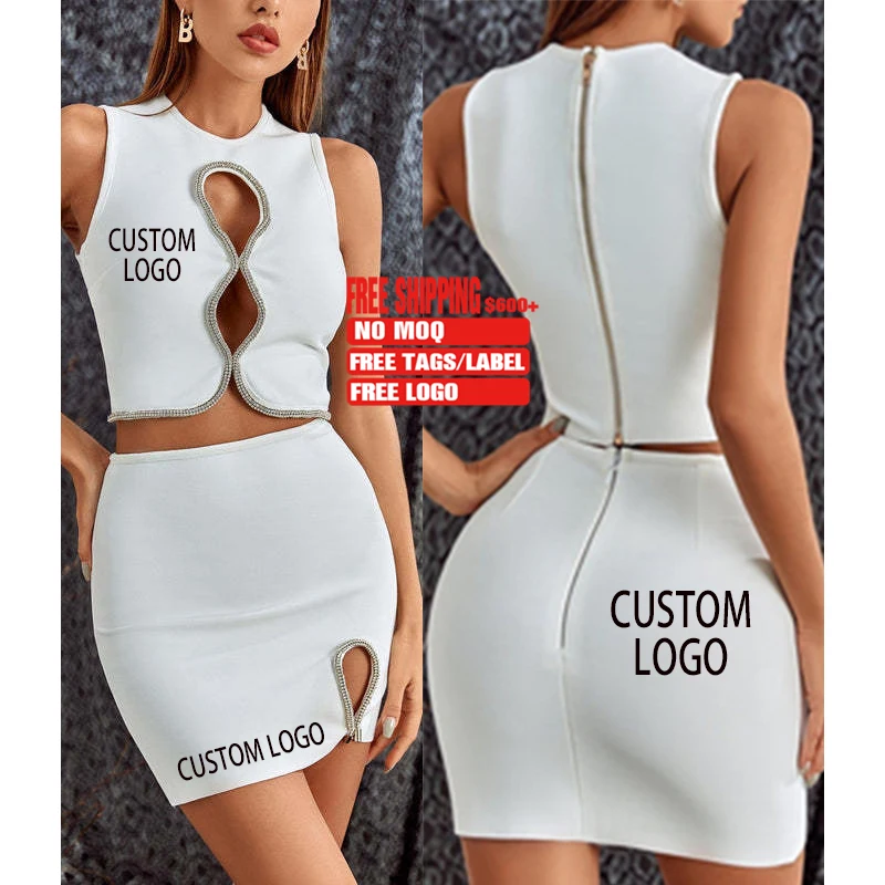 Free shipping Clothes white sexy hollow out Bandage Mini Skirts Set Two Piece Women Short Dress Set evening Party Clubwear