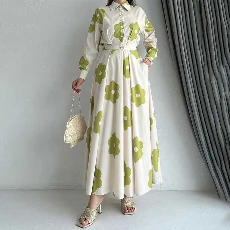 European And American Collar Printed Long Skirt Autumn High Waist Slim Fit Elegant Long Sleeved Dress