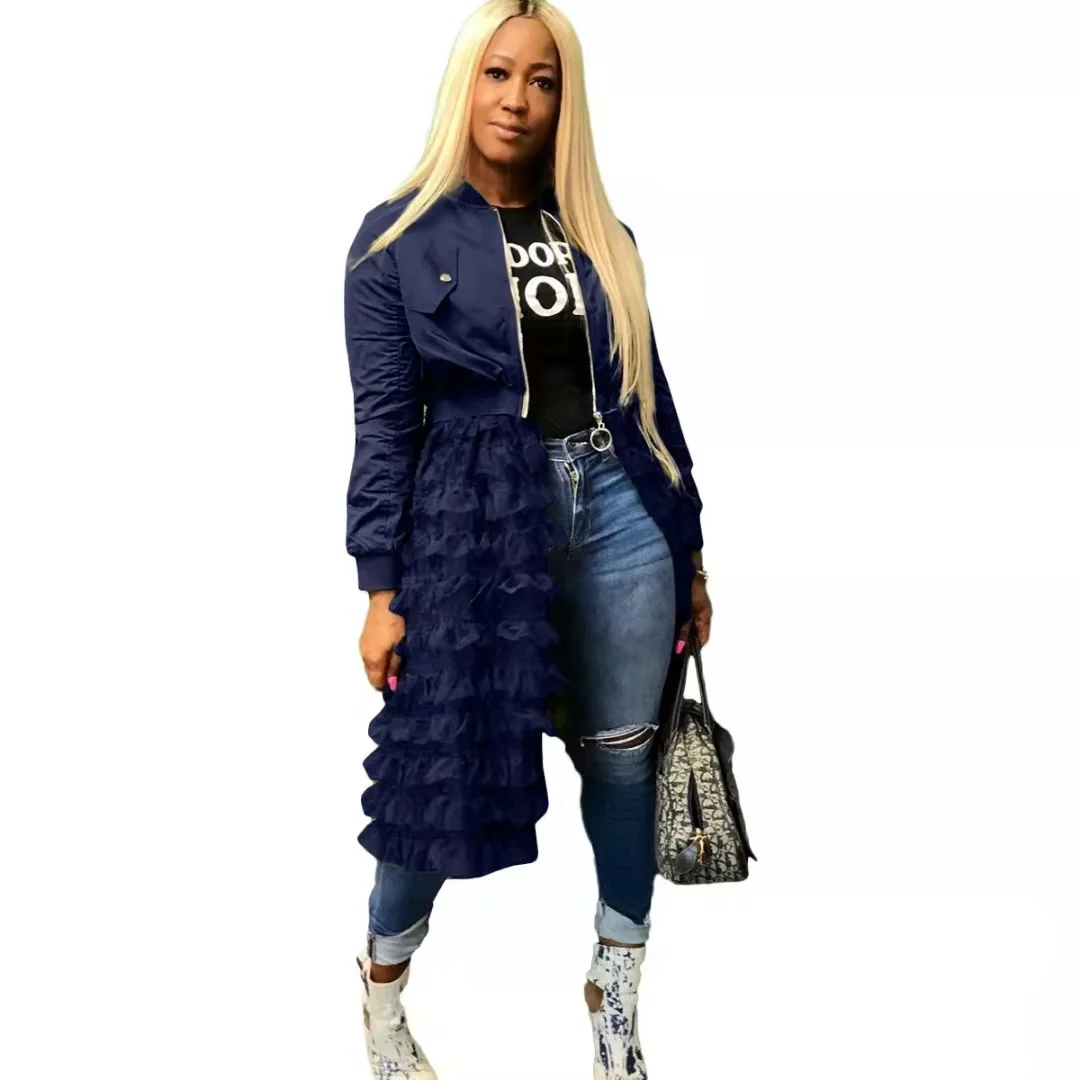 S 3X 4X 5XLFashion Zipper Solid ColorJacket Mesh Lace Dress Plus Size Women Jacket Fall Winter Coat