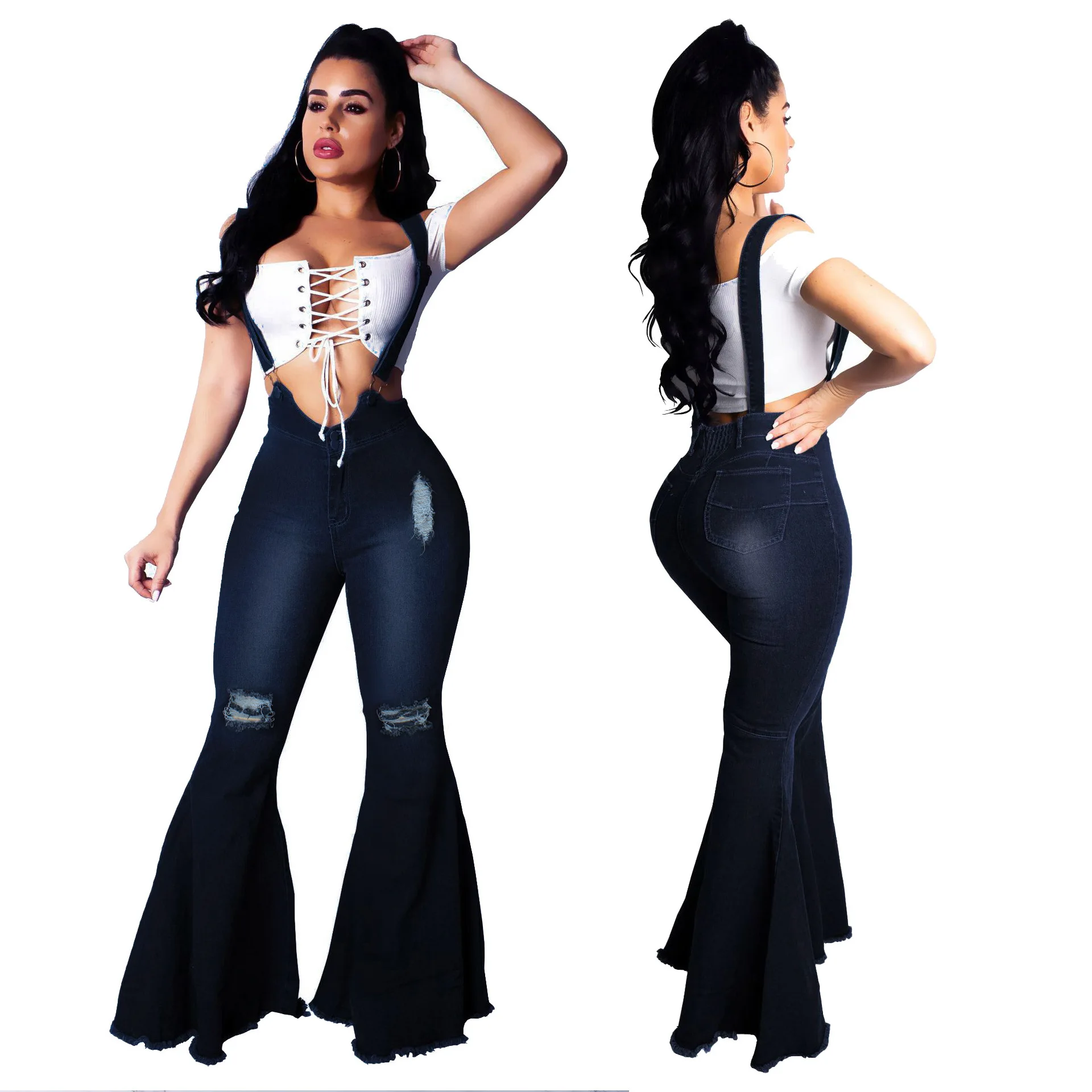 new fashion Cost-effective flare High Waist Trousers  washed women  bell bottom suspenders jeans