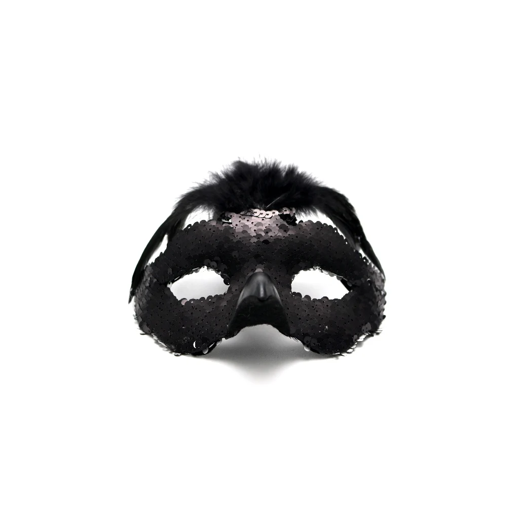 Halloween Scary Fluffy Feather Mask Parade Masquerade Flip Sequins Black and Silver Crow Raven Feather Mask