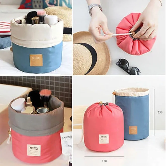 
OEM Barrel Shaped Travel Cosmetic Nylon Bag High Capacity Drawstring Elegant Drum Wash Bags 
