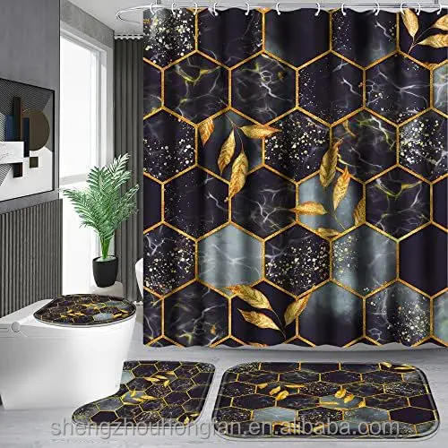 Bathroom Accessory Set, Including Non-Slip Rugs,Toilet Lid Cover and Bath Mat, Waterproof Shower Curtain,Honeycomb Marble