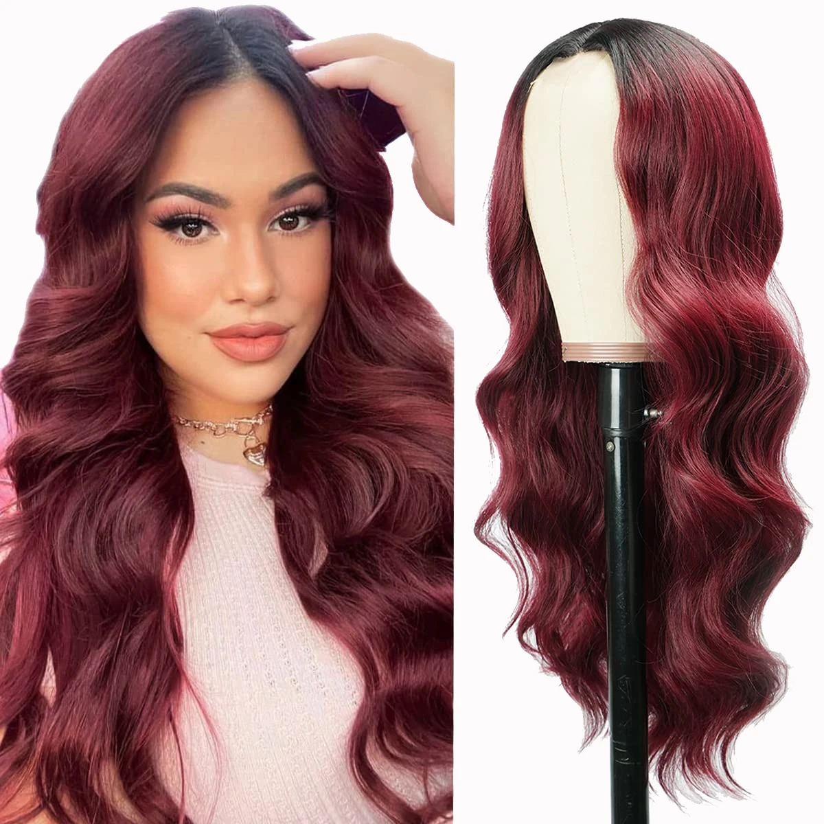 Long Wine Red Wavy Wigs for Women 26 Inch Ombre Burgundy Wigs Natural Looking Synthetic Curly Wavy Wig for Daily Party Use