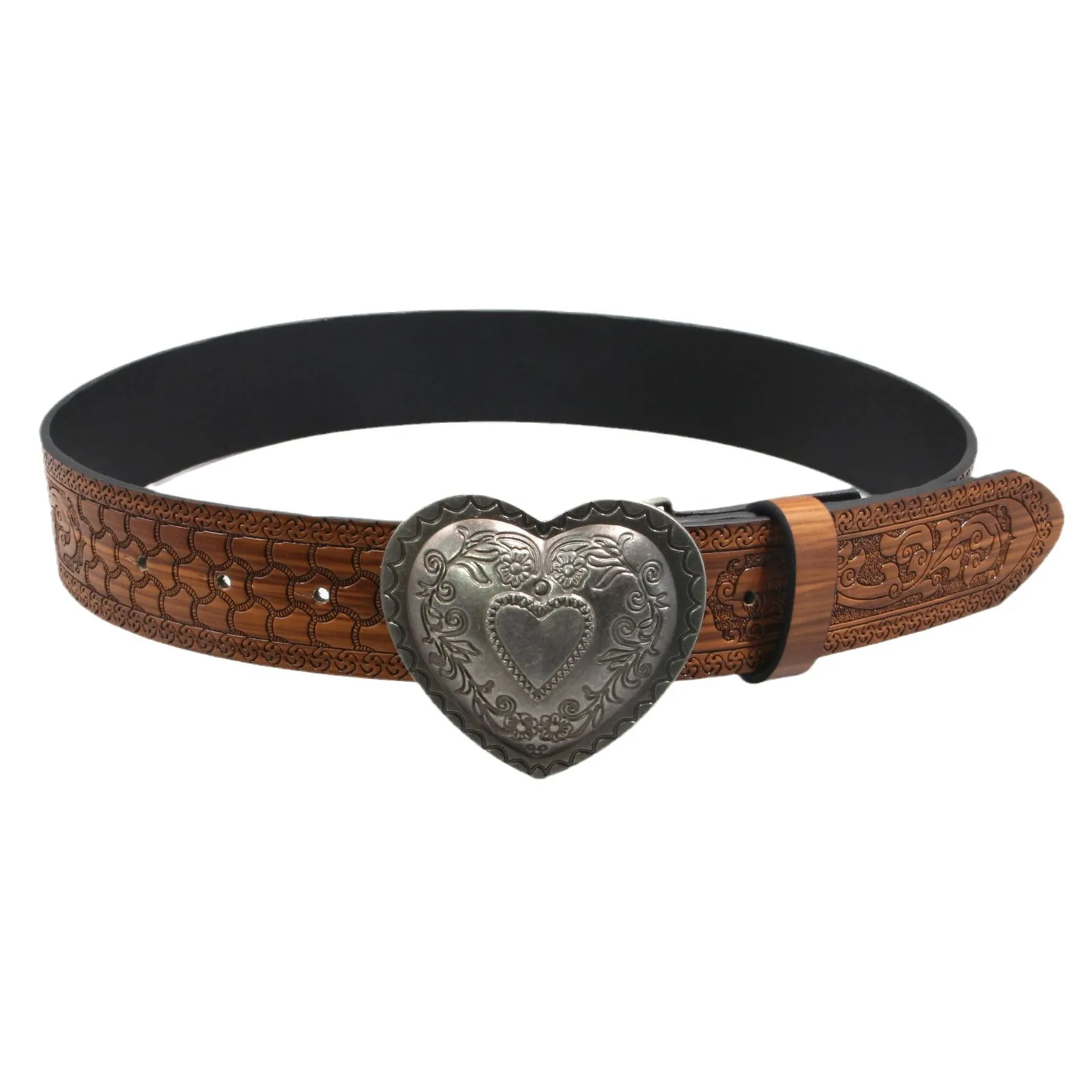 Hot selling big heart shape buckle daily use west cowboy style embossed PU Leather plate buckle belt