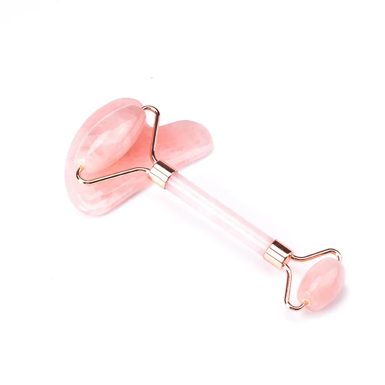 Fast Delivery 100%  Natural Rose Quartz Jade  Face Roller And Gua Sha Set With Box 2 in 1 Custom  Pink Jade Roller Gua Sha Set